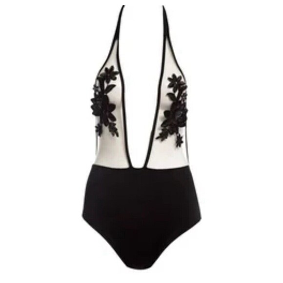 Black Lingerie Bodysuit Sheer Mesh Embroidered Flowers Size XS - Picture 1 of 8